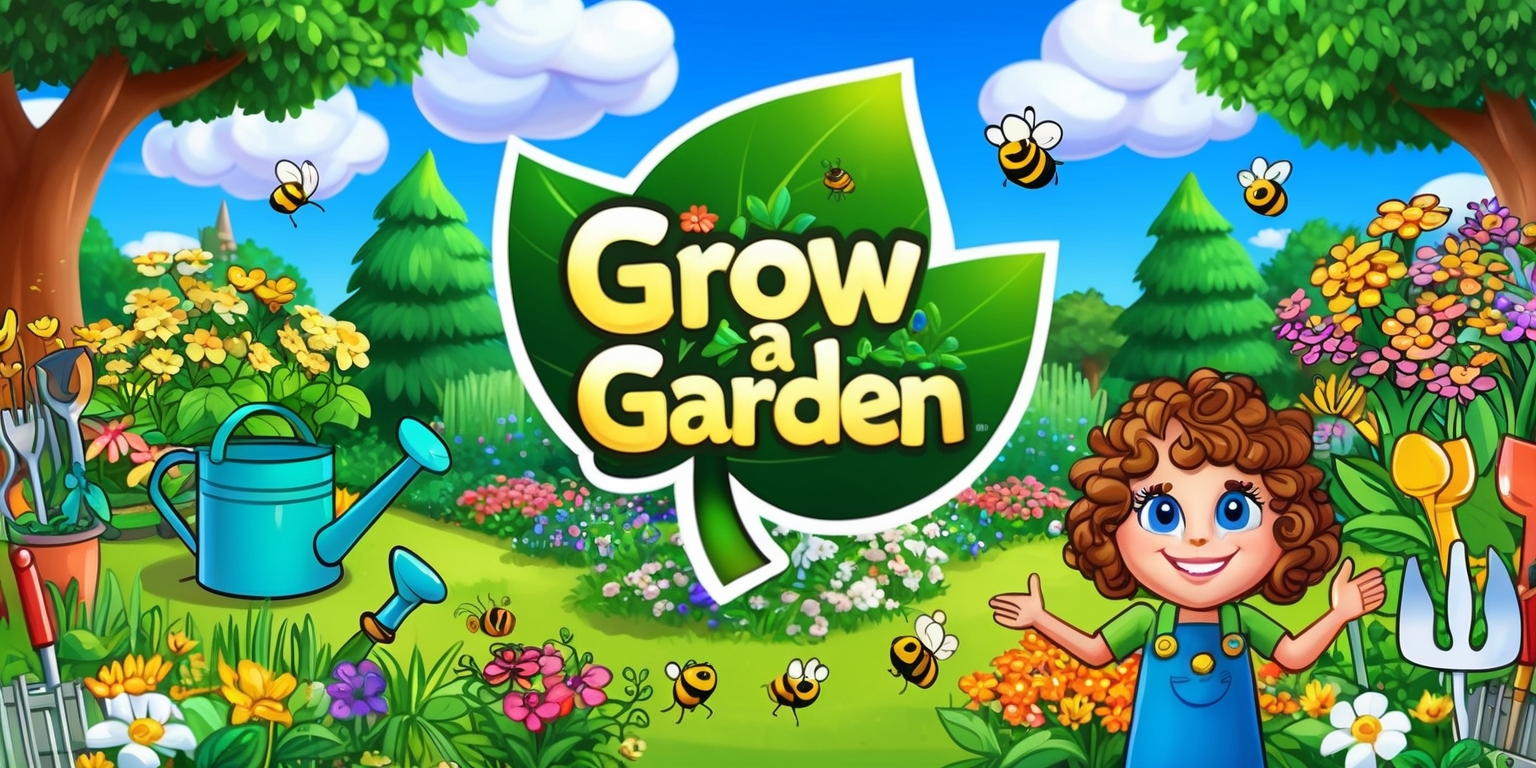 A colorful digital illustration of a vibrant garden scene with lush greenery, blooming flowers, and towering trees, set against a clear blue sky with white puffy clouds, for the Grow a Garden game, featuring a variety of garden tools and accessories, such as watering cans, rakes, and gardening gloves, with a few friendly cartoon characters, including a smiling gardener with bright blue eyes and curly brown hair, surrounded by lively insects like bees and butterflies, and incorporating the game's logo, a stylized green leaf with the words Grow a Garden written in bold, golden font, with the overall design being whimsical, lively, and full of natural beauty.