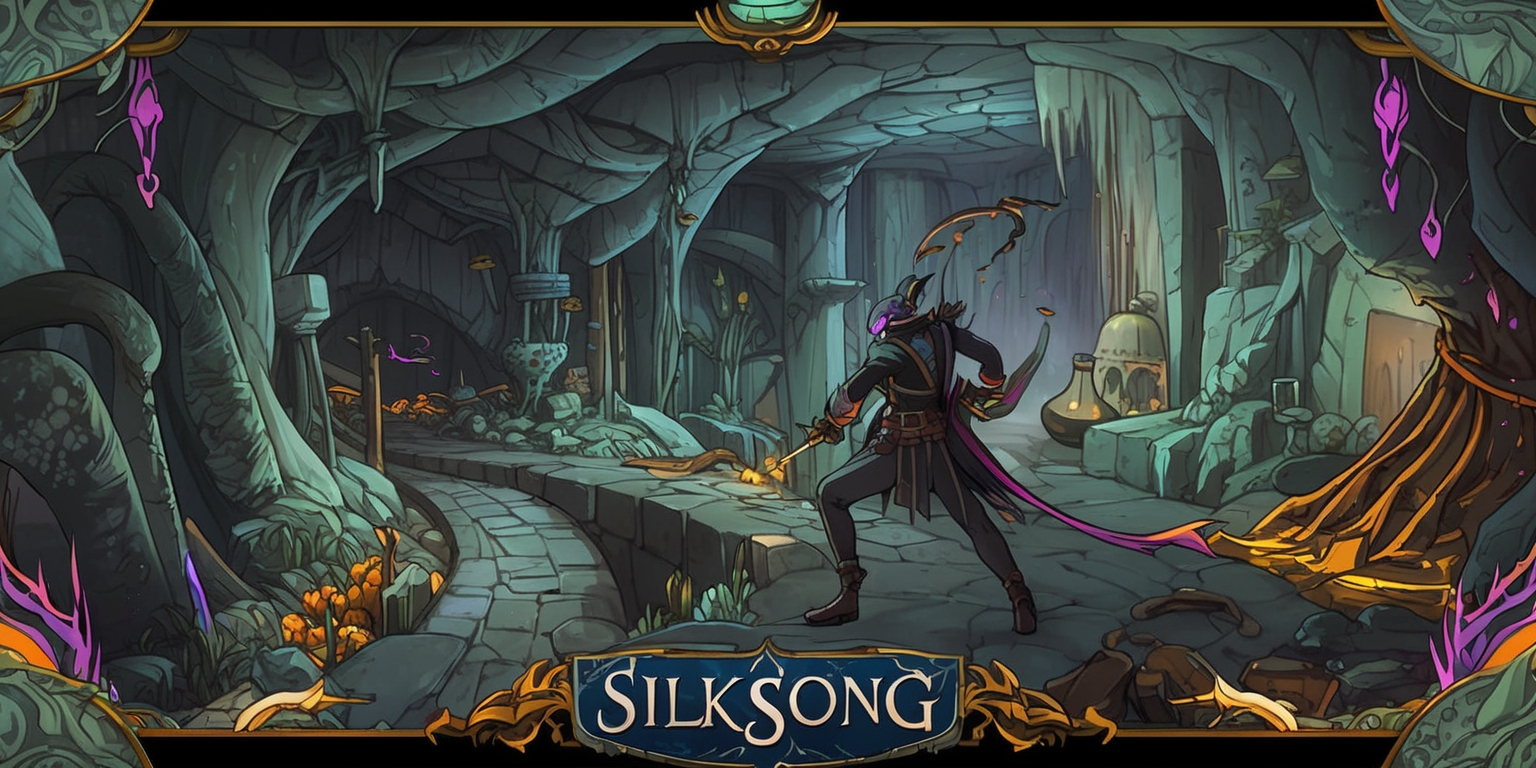 A vibrant, eerie illustration of the Silksong game, showcasing a labyrinthine underground world with corrupted, twisted structures, and hidden secrets, where a skilled, determined protagonist navigates through treacherous pathways, avoiding environmental hazards, and employing clever combat strategies to overcome formidable foes, with intricate level design and mysterious narrative elements woven throughout the scene, featuring a mix of muted, earthy tones and vibrant, glowing accents, highlighting the game's unique aesthetic and immersive atmosphere.