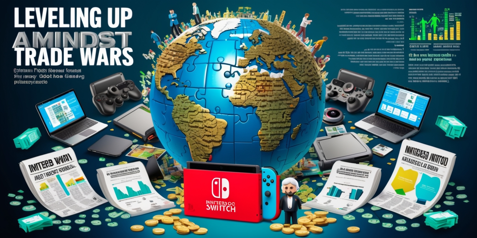 A sprawling, intricately detailed illustration of a globe, with puzzle pieces rearranging to show the shift in global trade policies, set against a backdrop of video game controllers, consoles, and accessories, with miniature figurines of gamers surrounded by newspapers, laptops, and financial reports, highlighting the impact on the gaming industry. The article's title, Leveling Up Amidst Trade Wars, emblazoned in bold, metallic font across the top, with subtitles and section headers in a clean, modern sans-serif font, punctuated by informative infographics and charts in shades of blue, green, and yellow. In the foreground, a miniature Nintendo Switch lies open, with a miniature Shigeru Miyamoto, Nintendo's iconic creator, peering out, surrounded by thought bubbles filled with diagrams of supply chains and cost analyses, amidst a scattering of coins, dollar signs, and miniature globe fragments. The overall aesthetic is a vibrant, dynamic mix of digital and analog elements, with a predominantly blue and green color scheme, echoing the themes of technology, finance, and globalization.
