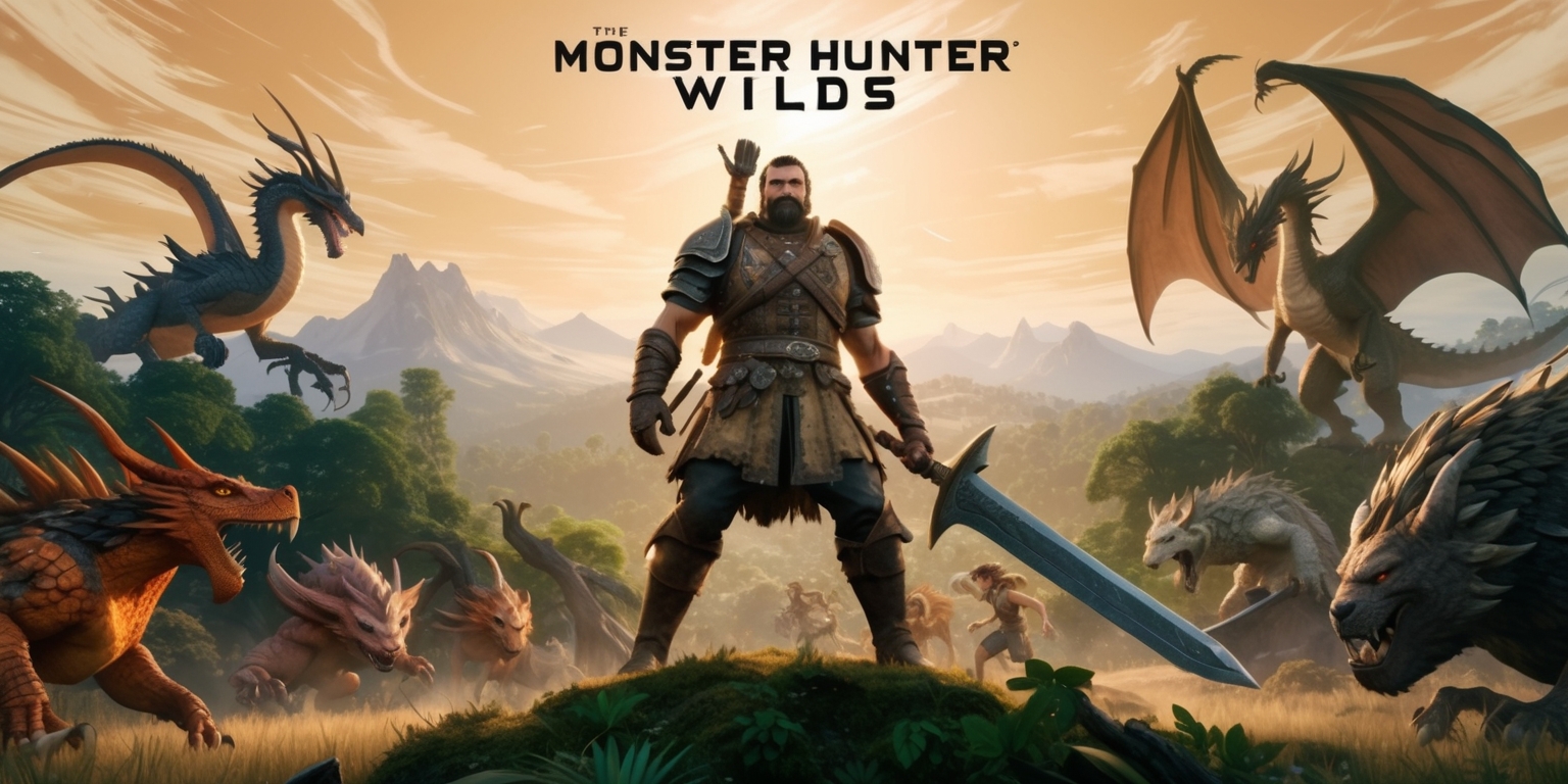 A sweeping digital illustration of a fantastical world inspired by the Monster Hunter Wilds game, set against a warm, golden-lit sky with wispy clouds and a distant, majestic mountain range, where a rugged, imposing hunter clad in worn, earthy-toned armor and carrying an enormous sword stands heroically at the edge of a lush, vibrant forest, surrounded by a diverse array of mythical creatures, such as towering dragons, agile wyverns, and hulking behemoths, all rendered in intricate, hyper-realistic detail, with a focus on contrasting textures, from the hunter's battered armor to the scaly hides of the monsters, and vibrant color hues, ranging from fiery oranges to deep greens, evoking a sense of epic adventure and high-stakes battle, with subtle, atmospheric lighting that accentuates the dramatic tension.