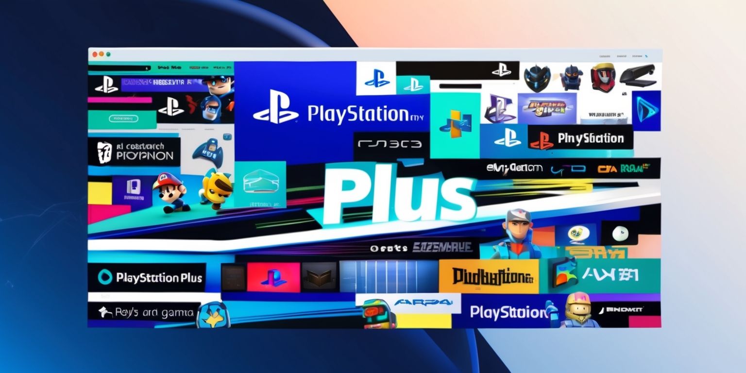 A colorful digital illustration of a PlayStation Plus lineup article on a modern gaming website, featuring a sleek and modern layout with bold fonts and vibrant colors, including the iconic PlayStation blue, with a mix of light and dark backgrounds to create depth, and various game titles and logos displayed prominently in a clean and organized manner, with some logos in 3D and others in flat design, and a few gamer avatars or characters from popular games sprinkled throughout the illustration, set against a subtle gradient background that transitions from a deep blue at the top to a bright white at the bottom, with all the text and logos in a modern sans-serif font with a metallic sheen to give it a high-tech feel.