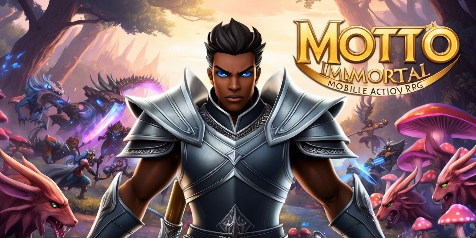 Motto Immortal mobile action RPG with a vibrant fantasy landscape, showcasing a brave warrior with striking facial features, dark brown skin, and piercing blue eyes, dressed in a sleek armor set with intricate silver accents, standing heroically in the center of the scene, surrounded by a swarm of mythical creatures and magical runes, with a bold, golden logo of the game's title in a curved line above the warrior's head, and a tagline written in a modern, cursive font below, set against a backdrop of a mystical forest with towering trees, glowing mushrooms, and a warm, sunset color palette.