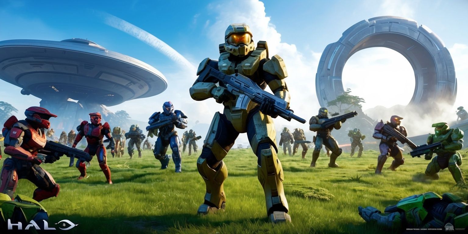 A futuristic first-person shooter game scene from the Halo series, set in a lush, vibrant, and expansive sci-fi environment with a Master Chief character prominently displayed, wearing his iconic MJOLNIR armor, with an assault rifle in hand, standing heroically in the center, surrounded by a diverse range of alien species, including Covenant Elites and Grunts, with a distant planet and a large, circular, metallic halo structure visible in the background, under a bright, blue, sky-like atmosphere, with a sense of intense action and dynamic movement, created in a highly detailed, realistic, digital art style, with bold, vibrant colors, and dramatic lighting effects, capturing the essence of the game's epic and thrilling gameplay experience.