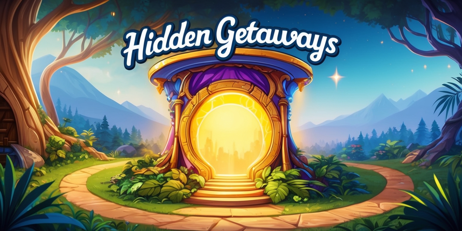 A stylized illustration of a mystical portal with vibrant colors and intricate details, set amidst a lush forest with towering trees, winding pathways, and exotic foliage, serving as a fast travel gateway in the Hidden Getaways game, with a warm golden light emanating from the portal, illuminating the surrounding environment, and a few subtle, shimmering stars in the sky above, while in the distance, a range of majestic mountains stretches towards the horizon, with the game's title Hidden Getaways inscribed in bold, cursive font at the top of the image, in a deep blue hue that complements the earthy tones of the forest.