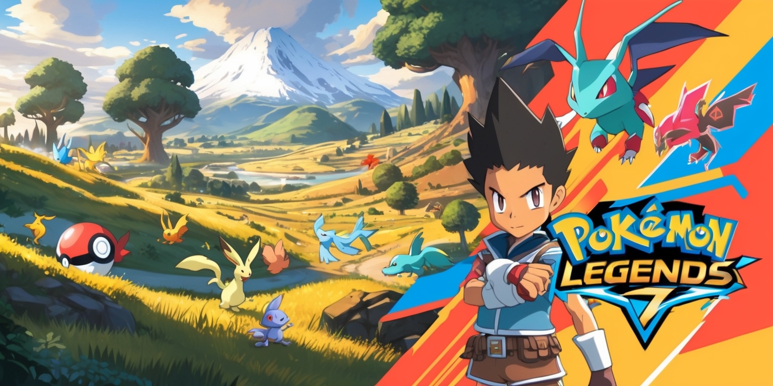 A vibrant, action-packed illustration of the Pokémon Legends: Z-A game, featuring a dynamic layout with a mix of exploratory and battling scenes, set against a stunning, expansive landscape with rolling hills, towering trees, and a distant, snow-capped mountain range, with a variety of Pokémon roaming freely, including the legendary Zacian and Zamazenta, amidst a warm, golden light, with bold, colorful textures and intricate details, and in the foreground, a young, determined trainer with a strong facial expression, short, spiky hair, and a adventurous outfit, standing confidently with their trusty Pokémon by their side, with the game's logo prominently displayed in a modern, sleek font, in a bright, eye-catching color scheme.