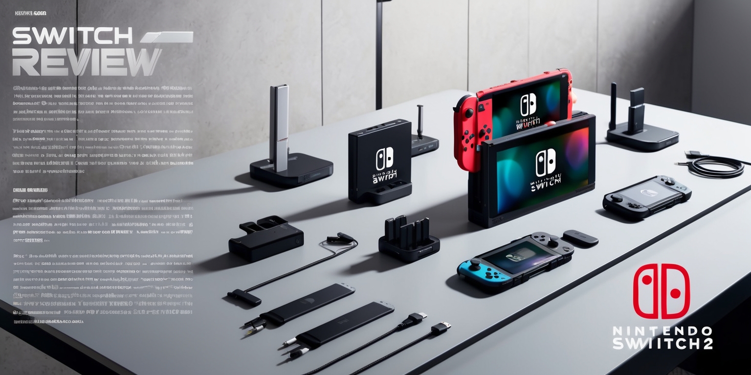 A detailed review article layout featuring the Nintendo Switch 2 console and various docking accessories on a sleek, modern desk with a neutral-colored background, the Nintendo Switch 2 in the center, surrounded by docking stations, cables, and other related accessories, with a mix of close-up shots and overview images, the text of the review article in a clean, modern font, with headings and subheadings in a bold, eye-catching style, and the Nintendo logo prominently displayed in its signature red and white colors, the overall aesthetic is futuristic and high-tech, with a focus on showcasing the capabilities and features of the Nintendo Switch 2 and its docking accessories.