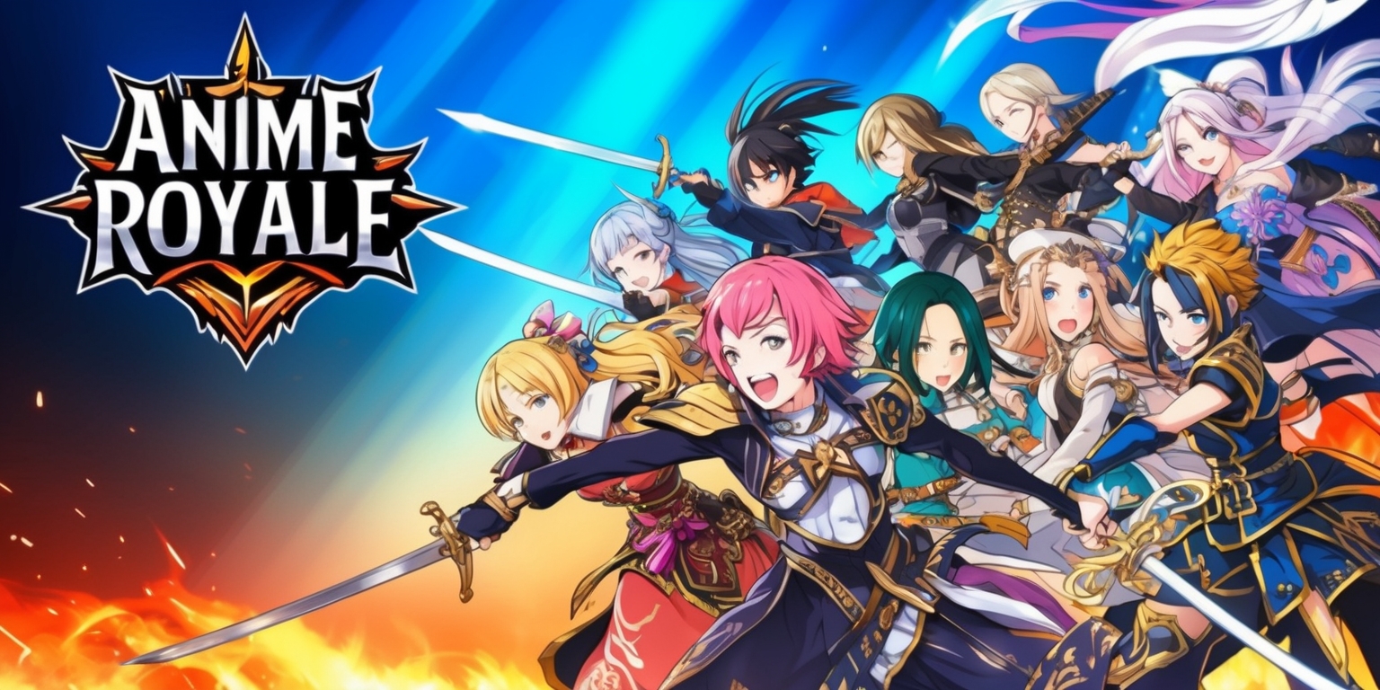A vibrant, high-energy illustration of the Anime Royale game, set against a dynamic, gradient background that shifts from deep blues to fiery oranges, evoking a sense of excitement and competition. In the foreground, a group of diverse anime-style characters, each with unique hairstyles, facial features, and distinctive costumes, are engaged in an intense battle, with swords clashed and magic spells bursting forth. The characters' skin tones range from soft pastels to rich, dark hues, and their outfits are adorned with intricate details, such as flowing ribbons, metallic accents, and mystical symbols. The game's logo, in bold, metallic lettering with sharp, angular edges, dominates the top-left corner, while the tagline Fight for Royale is emblazoned in curved, cursive script above the characters, its letters glowing with an ethereal energy.