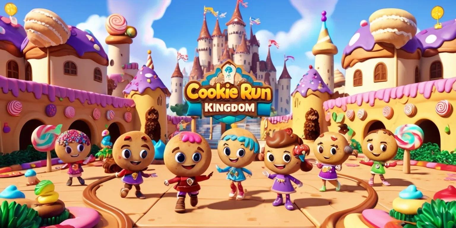 A vibrant fantasy scene inspired by the Cookie Run Kingdom game, featuring charming cookie-shaped heroes with expressive eyes, colorful icing details, tiny costumes, and distinctive accessories gathered in a whimsical kingdom courtyard. Surround them with a grand candy-themed castle, gumdrop towers, frosting-covered rooftops, caramel pathways, lollipop trees, sparkling crystals, and playful decorative banners. Use polished stylized 3D game art with soft rounded shapes, bright pastel colors, warm golden lighting, glossy textures, energetic expressions, and richly detailed environments. Compose the image in a dynamic wide view with the characters in the foreground, the castle centered in the background, and layered scenery creating depth, joyful adventure, and a magical fairytale atmosphere.