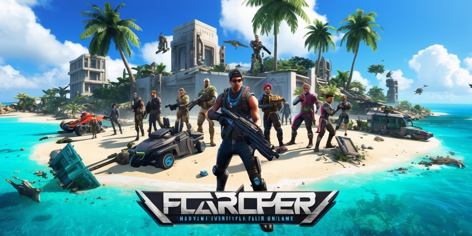A futuristic first-person shooter massively multiplayer online game set on a lush tropical island with crystal clear turquoise waters and swaying palm trees, featuring a diverse group of players with unique avatars, each with distinct facial features, skin tones, and customizable outfits, engaging in intense battles with advanced weaponry and vehicles, amidst a backdrop of destroyed buildings, crumbling statues, and debris-filled shores, with a vibrant color palette and dynamic lighting effects, incorporating stylized textures, sharp lines, and futuristic fonts, with the game's logo prominently displayed in bold, metallic letters, and the island's terrain, from sandy beaches to dense jungles, serving as a strategic and immersive environment for players to explore and conquer.