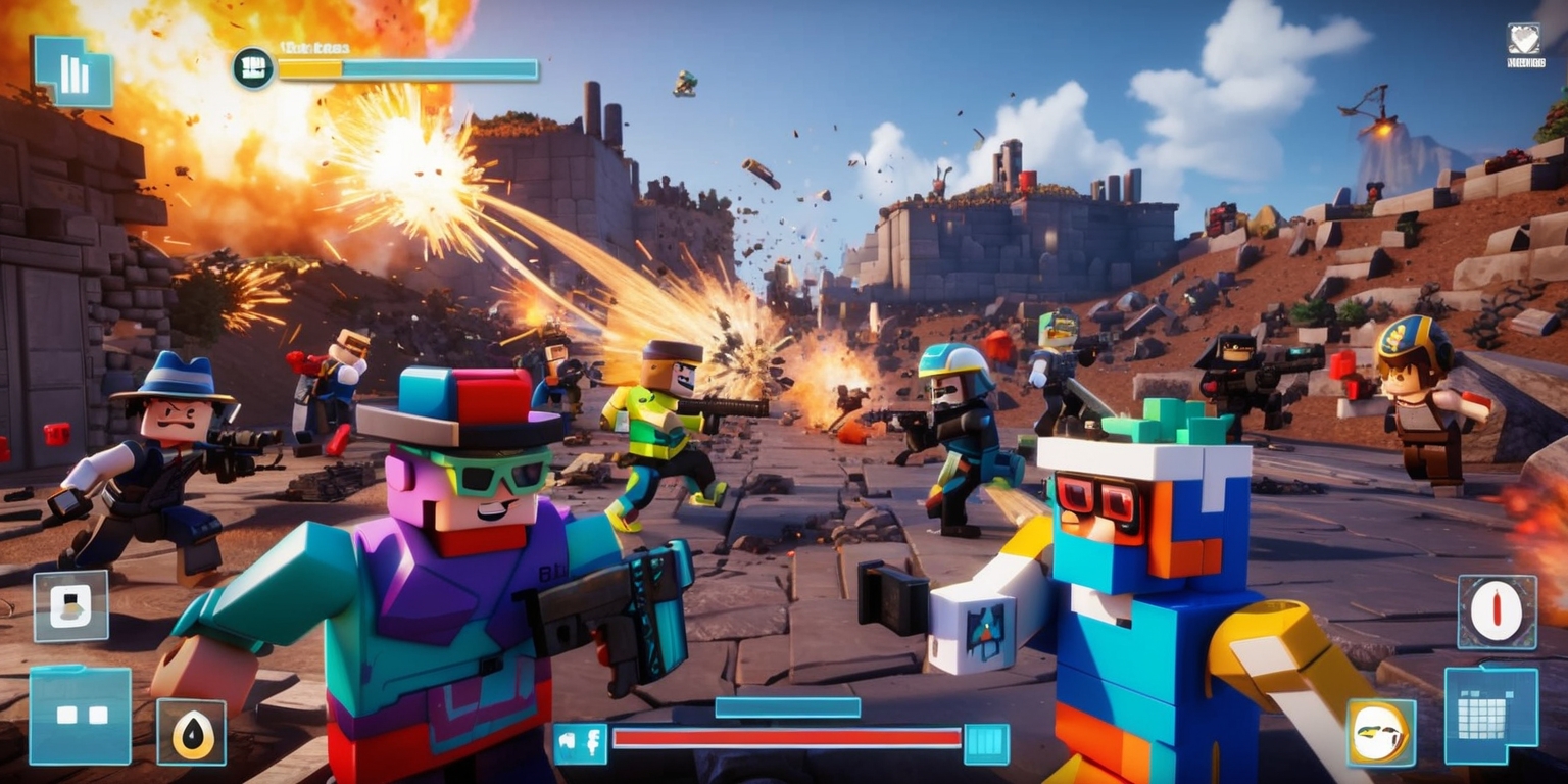 A futuristic virtual battleground set in a Roblox game, with blocky, low-poly 3D graphics, featuring avatars with vibrant, colorful outfits and various accessories, engaged in an intense battle simulation with explosions, fire, and smoke effects, surrounded by a landscape of rugged terrain, ruined buildings, and obstacles, with a dynamic lighting system and dramatic shadows, capturing the fast-paced action and chaotic atmosphere of the game, with a focus on the avatars' facial expressions and unique attributes, such as hats, glasses, and customized clothing, and incorporating UI elements like health bars, mini-maps, and score counters, all rendered in a stylized, pixelated art style.