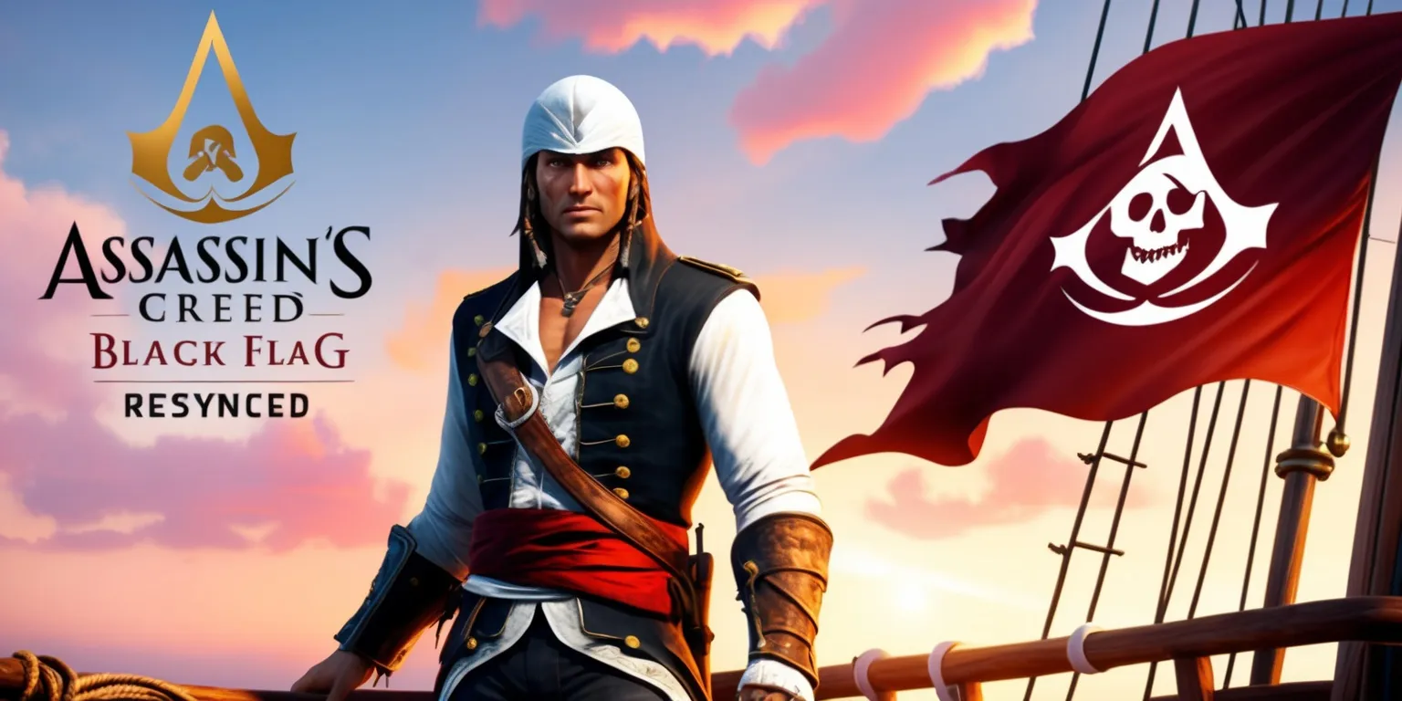 A vibrant and detailed illustration of the Assassin's Creed Black Flag Resynced game, showcasing the main character Edward Kenway, a white male with a strong jawline and piercing blue eyes, dressed in a white pirate shirt and black pants, standing on the deck of a ship with the Jolly Roger flag waving in the background, set against a warm sunset sky with hues of orange and pink, with the game's logo, a stylized golden eagle, prominently displayed in the top left corner, in a bold and modern font, with the tagline Resynced written in a curved line above the eagle, in a metallic silver color that shines and reflects the light, with the overall image having a sense of adventure and freedom.