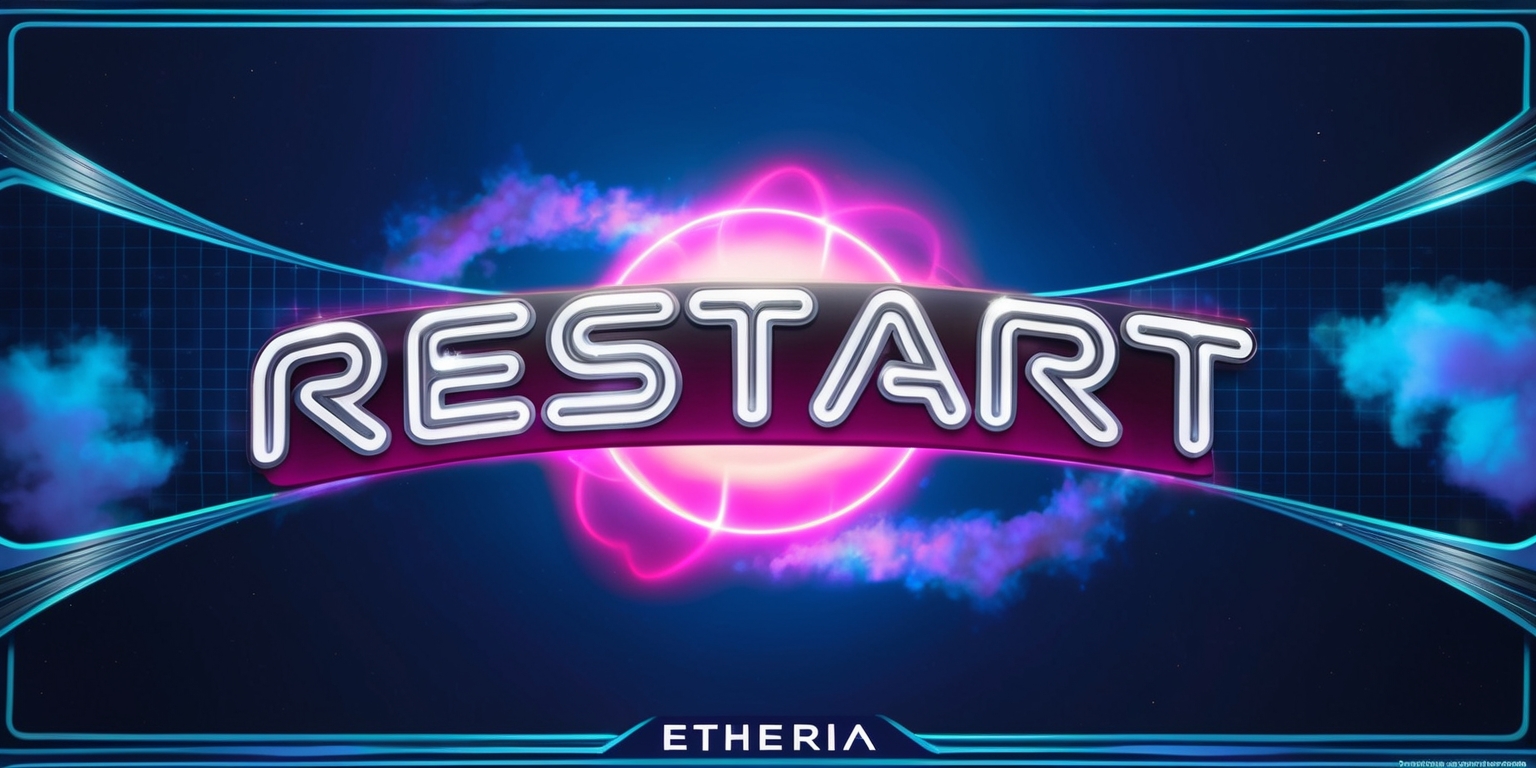A vibrant, futuristic illustration of the Etheria game, with a mesmerizing neon glow emanating from the title Restart in bold, curved font, with metallic silver accents and a subtle grid pattern in the shadows. The background is a deep, electric blue, with faint, wispy clouds of purple and pink hues, evoking a sense of otherworldly energy. The overall style is reminiscent of classic 80s sci-fi concept art, with clean lines, smooth curves, and meticulous attention to detail. The layout is centrally focused, with ample negative space to create a sense of depth and atmosphere. The Restart text is positioned diagonally, as if hurtling forward, infusing the image with a sense of dynamic tension and anticipation.