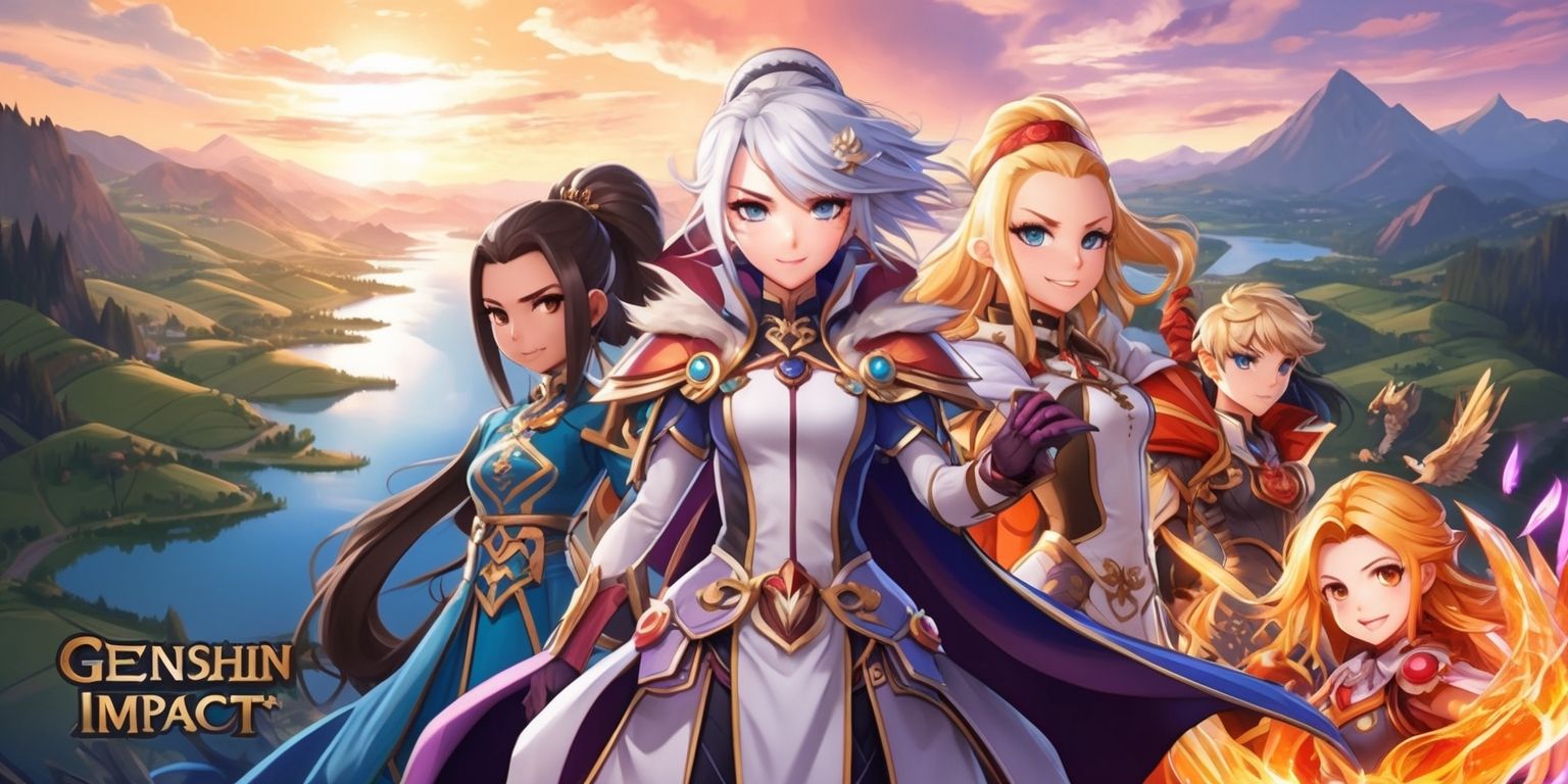 A vibrant and detailed digital illustration of the Genshin Impact game, showcasing a panoramic view of the game's fantasy world, Teyvat, with rolling hills, towering mountains, and serene lakes, set against a warm and majestic sunset sky with hues of orange, pink, and purple, featuring a diverse group of characters, including Diluc, Kaeya, and Amber, each with unique facial features, intricate clothing, and elemental abilities, with Diluc's sharp jawline and piercing eyes, Kaeya's elegant hairstyle and slender figure, and Amber's bright smile and adventurous outfit, standing together in a powerful and heroic pose, surrounded by subtle game-inspired elements, such as elemental symbols, character icons, and mystical creatures, with a mix of realistic and stylized art styles, blending Eastern and Western influences, and a sense of dynamic movement and energy.