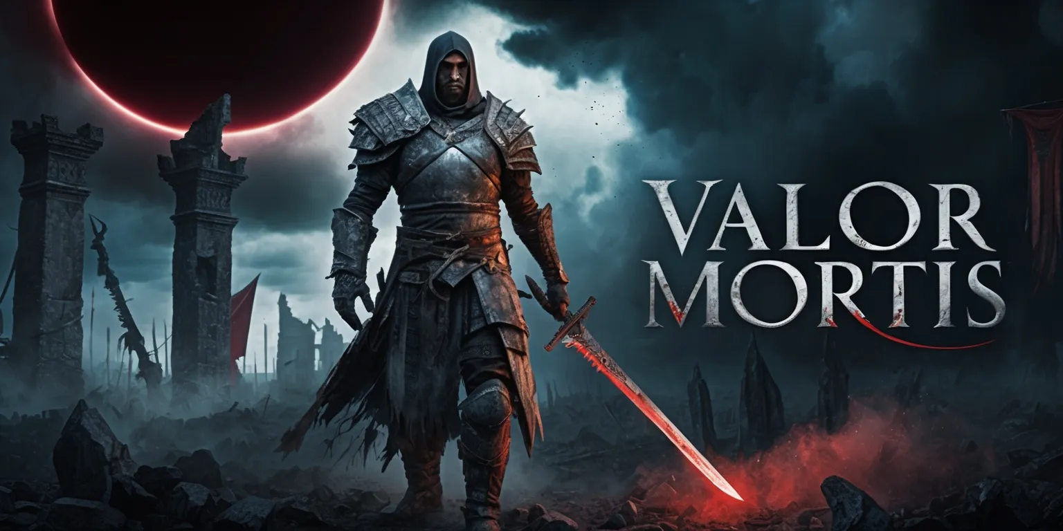 Dark cinematic key art for a game titled Valor Mortis, depicting a battle-worn warrior standing in a ruined gothic landscape beneath storm clouds and a blood-red eclipse. The warrior wears intricate weathered armor, carries a chipped sword glowing with faint crimson energy, and is partially obscured by drifting ash and mist. Ancient stone towers, shattered banners, and ghostly silhouettes fade into the background, creating an ominous atmosphere of war, sacrifice, and supernatural danger. Dramatic rim lighting, deep charcoal, steel blue, muted crimson, and cold silver tones, highly detailed fantasy realism, polished AAA game cover art, strong central composition, low-angle perspective, atmospheric depth, sharp focus on the warrior, and bold elegant title text reading Valor Mortis near the top in distressed metallic serif lettering with subtle red highlights.