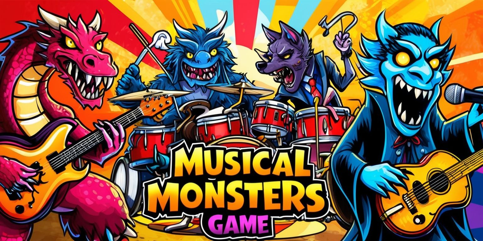 A vibrant and colorful illustration of a Musical Monsters game scene, featuring a variety of monstrous creatures playing different musical instruments, with a lively and energetic atmosphere, set against a bright and bold background with a mix of warm and cool colors, including a dragon playing a guitar, a werewolf on drums, and a vampire singing into a microphone, with intricate details on the instruments and the monsters' facial features, including sharp teeth and glowing eyes, and a sense of movement and rhythm, with bold lines and textures, and a dynamic composition that fills the frame.