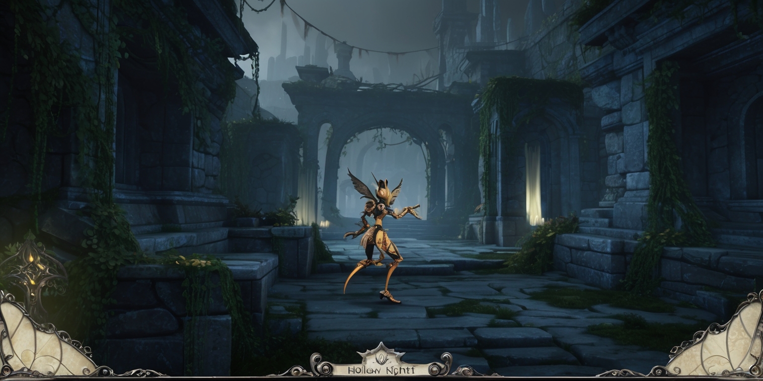 A hauntingly beautiful level from the Hollow Knight: Silksong game, set in a mystical and ancient world, with intricate architecture and mysterious landscapes, featuring a prominent emphasis on exploration and atmospheric tension, with a focus on the protagonist Hornet, a skilled and agile warrior, navigating through a dimly lit, ruined cityscape with crumbling stone structures, overgrown with vines and moss, under a faint, eerie glow, with a predominantly dark color palette, accented by soft, shimmering silks and fabrics, and subtle, glowing motifs, with an emphasis on delicate, lace-like details and textures, and a sense of foreboding and wonder, as Hornet moves through the environment with a mix of caution and curiosity.