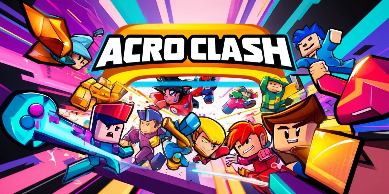 A vibrant and dynamic digital illustration of the Acro Clash Roblox game, featuring a variety of colorful characters with unique facial features and skin tones, engaged in intense and action-packed gameplay, set against a stylized background with bold lines and geometric shapes, incorporating the distinctive Roblox aesthetics, with a mix of bright and pastel colors, and a sense of energy and movement, highlighting the game's fast-paced and competitive nature, with characters performing acrobatic stunts and clashing in mid-air, and incorporating the Roblox logo in a modern, bold font, with a prominent display of the game's name in a curved line above the characters.