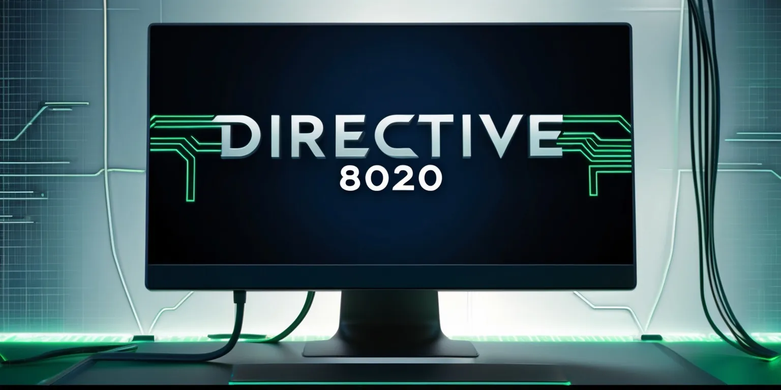 A futuristic computer screen displaying the Directive 8020 game, with a dark blue background and neon green circuit patterns, set against a backdrop of coding lines and minimalist futuristic designs, the game's logo is emblazoned in bold, silver font with a subtle glow effect, and the screen is surrounded by sleek, modern computer hardware and wires, with a faint, grid-like pattern visible on the screen, giving it a sense of depth and texture, the overall mood is one of high-tech mystery and intrigue, with the game's interface and graphics taking center stage.