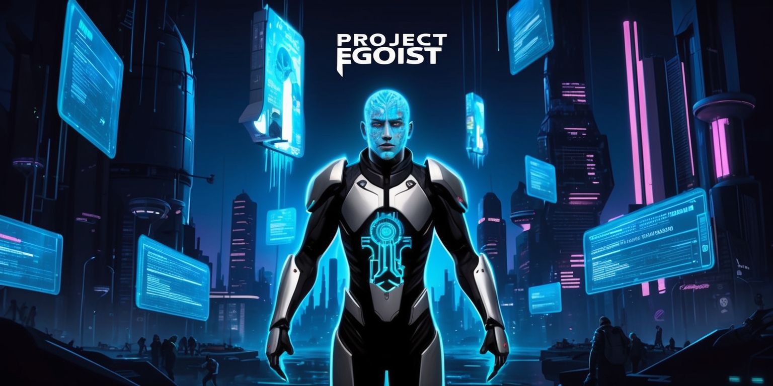 A stylized digital illustration depicting the futuristic world of Project Egoist, a cyberpunk-themed video game, set against a dark blue and neon-lit cityscape at dusk, with sleek skyscrapers and holographic advertisements floating in the air, amidst a sense of high-tech surveillance and social unrest, featuring a central figure, possibly the protagonist, with glowing blue circuits embedded in their skin, dressed in a black and silver exosuit, with a determined look on their face, surrounded by holographic screens displaying cryptic messages and data streams, with a subtle gradient effect to convey a sense of depth and dimensionality.